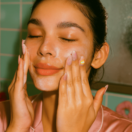 Translation missing: nl.Jonge vrouw met glanzende huid masseert de COSRX Low pH Good Morning Gel Cleanser in op haar gezicht. Pastelgroene tegels en een zachte flits geven de afbeelding een frisse, dromerige uitstraling