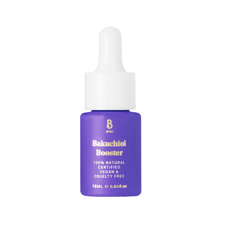 Translation missing: nl.Bybi Bakuchiol Booster - een paars flesje met een witte dop en gouden opdruk. Dit 100% natuurlijke, vegan en dierproefvrije serum is een alternatief voor retinol en helpt de huidtextuur te verbeteren, collageen te stimuleren en tekenen van veroudering te verminderen