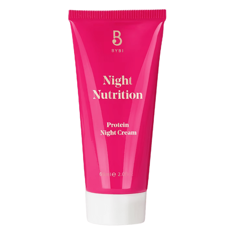 Translation missing: nl.BYBI Night Nutrition Protein Night Cream in een felroze tube met witte dop, met gouden opdruk en een inhoud van 60 ml