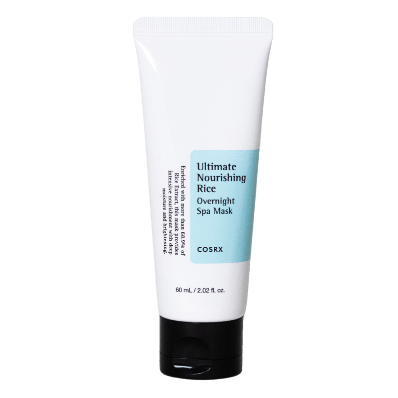 Translation missing: nl.Afbeelding van een tube COSRX Ultimate Nourishing Rice Overnight Spa Mask. De tube heeft een witte achtergrond en een turquoise label, met zwarte tekst en een zwarte dop