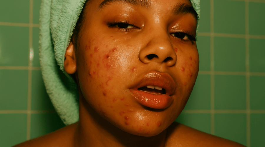 Close‑up van een jonge vrouw met zichtbare acne en roodheid op haar wangen; ze draagt een mintgroene handdoek om haar hoofd en staat voor turquoise badkamertegels.