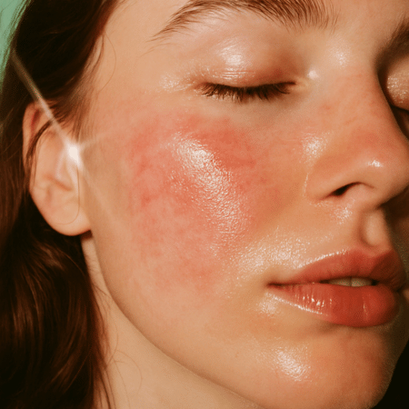 Gezicht met zichtbare roodheid na het aanbrengen van Great Barrier Relief serum, toont hoe het product de huid kalmeert en verzorgt.