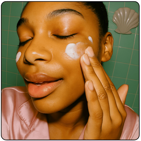 Model verdeelt kleine dotjes C‑Caf Cream op wang, mint badkamer als achtergrond.