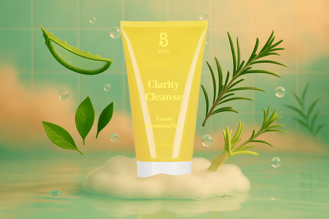 Tube Clarity Cleanse staat op schuim, omringd door aloë, rozemarijn en groene bladeren in dromerig water.