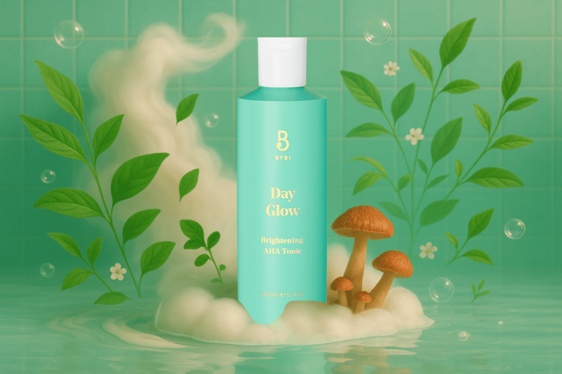 Surrealistisch ingrediëntbeeld: Day Glow-fles op wolkachtig schuim, omgeven door reishi-paddenstoelen, bladeren en bubbels.