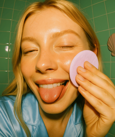 Blonde model steekt speels haar tong uit terwijl ze de AHA-toner met een paars wattenschijfje op haar wang aanbrengt.