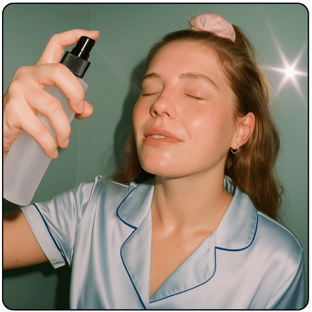 Vrouw in blauwe pyjama sprayt COSRX Centella Toner direct op haar gezicht voor een verfrissende boost en snelle hydratatie.