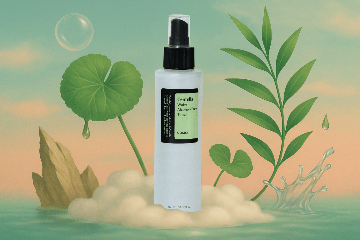 COSRX Centella Water Toner fles met centella-bladeren en waterdruppels op een rustgevende achtergrond, benadrukt de natuurlijke ingrediënten.