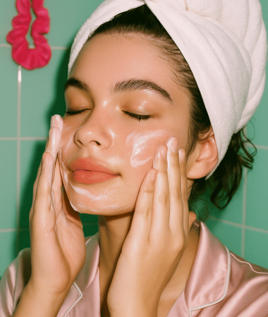 Vrouw met handdoek om haar hoofd brengt COSRX gel cleanser aan op haar gezicht tijdens haar ochtend skincare routine.