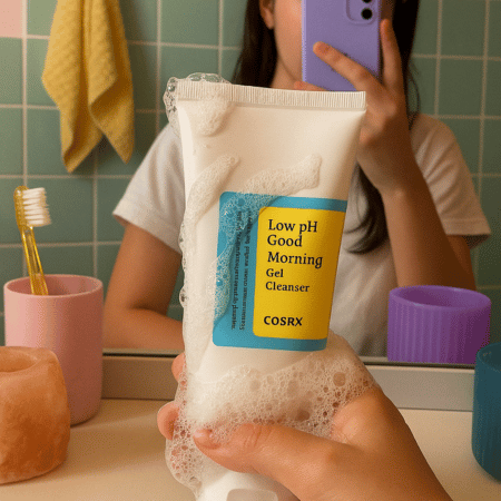 Persoon toont COSRX Low pH Gel Cleanser tube met schuim in badkameromgeving, onderdeel van dagelijkse huidverzorgingsroutine.
