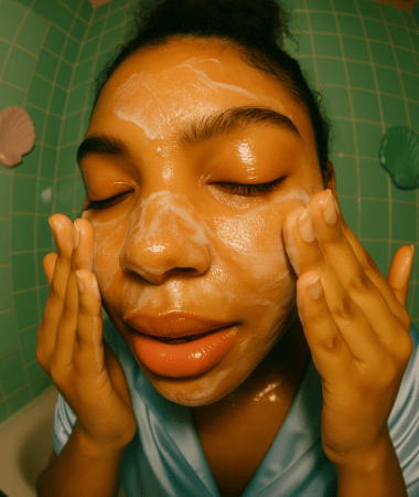 Close-up van vrouw met het hele gezicht bedekt met schuim van de COSRX Low pH Cleanser; toont milde maar grondige reiniging.