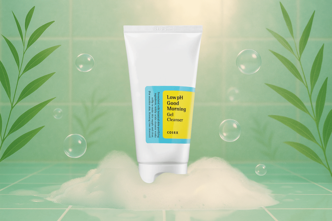 COSRX Low pH Good Morning Gel Cleanser tube op een bedje van schuim met groene plantachtige achtergrond voor een frisse uitstraling.