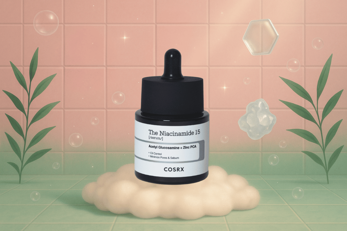 COSRX The Niacinamide 15 Serum flesje op een wolkachtige ondergrond tegen een roze tegelachtergrond met decoratieve elementen.