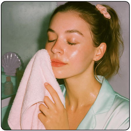 Vrouw met stralende huid na gebruik van niacinamide serum, zachtjes deppend met een witte handdoek in badkameromgeving.
