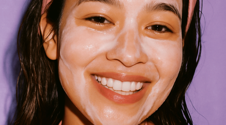 Model met hydraterend gezichtsmasker en tekst over kenmerken, oorzaken en routine‑essentials voor een droge huid.