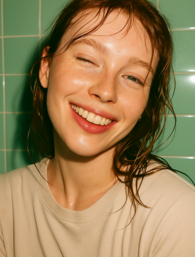 Lachend model in badkamer – Daily Beauty skincare banner