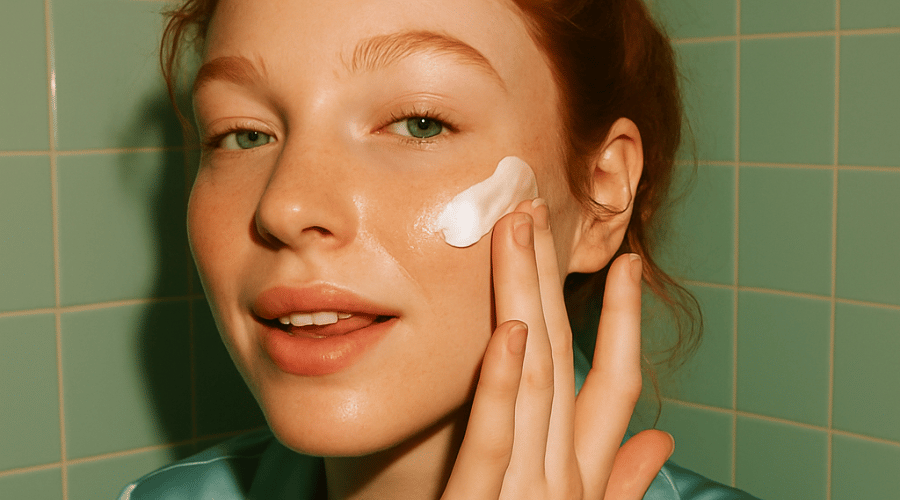 Vrouw brengt een klodje moisturizer aan op haar wang