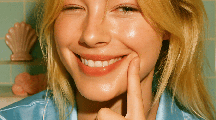 Vrouw kalmeert haar gevoelige, rode huid met een zachte reinigingspad – eerste stap in de anti‑redness routine van Daily Beauty.