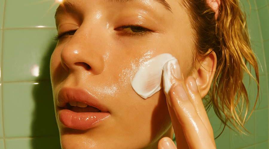 Close‑up van een vrouw die een royale streep zonnebrandcrème op haar wang aanbrengt; glanzende, gehydrateerde huid in warm badkamerlicht.