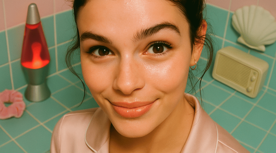 Vrolijke jonge vrouw in badkamer, kijkt in de camera met een zachte glimlach – sfeerbeeld Daily Beauty Your Skincare Sidekick
