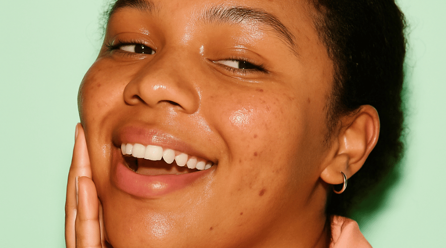 Nabij close‑up van een lachende jonge vrouw met pigmentvlekken op wangen en bovenlip; realistisch voorbeeld van hyperpigmentatie voor Daily Beauty routine‑gids.