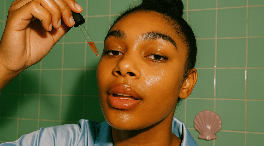 Model met medium huidtint brengt een vitamine‑C‑serum aan om een doffe, vale teint op te lichten – glow‑routine van Daily Beauty.