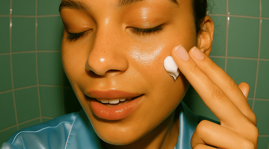 Close‑up van vrouw die hydraterende crème op haar gezicht aanbrengt – visualiseert routine voor droge, vochtarme huid. Daily Beauty.