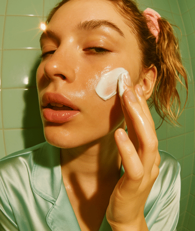 Vrouw brengt een dot Resting Beach Face SPF30 aan op haar wang in een groene badkamer, de serumtextuur is zichtbaar op haar vingers.