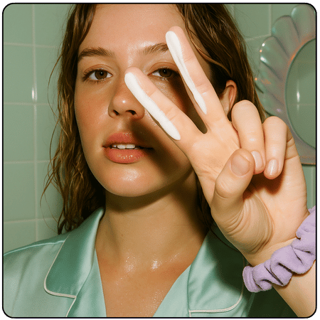 Vrouw toont de lichte textuur van Resting Beach Face SPF30 op haar vingers, terwijl ze een vredesteken maakt in een badkameromgeving.