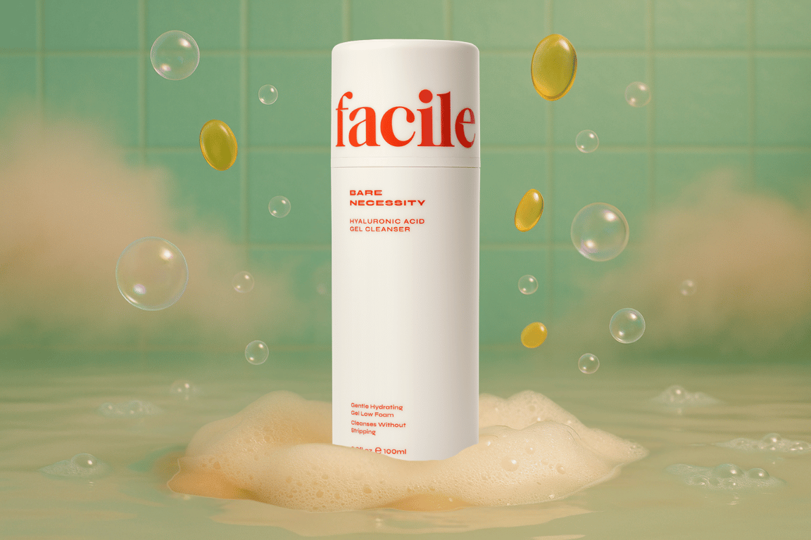 Facile Skin Bare Necessity Gel Cleanser fles op een zachte ondergrond, omringd door waterbubbels en gele hydratatiedruppels.