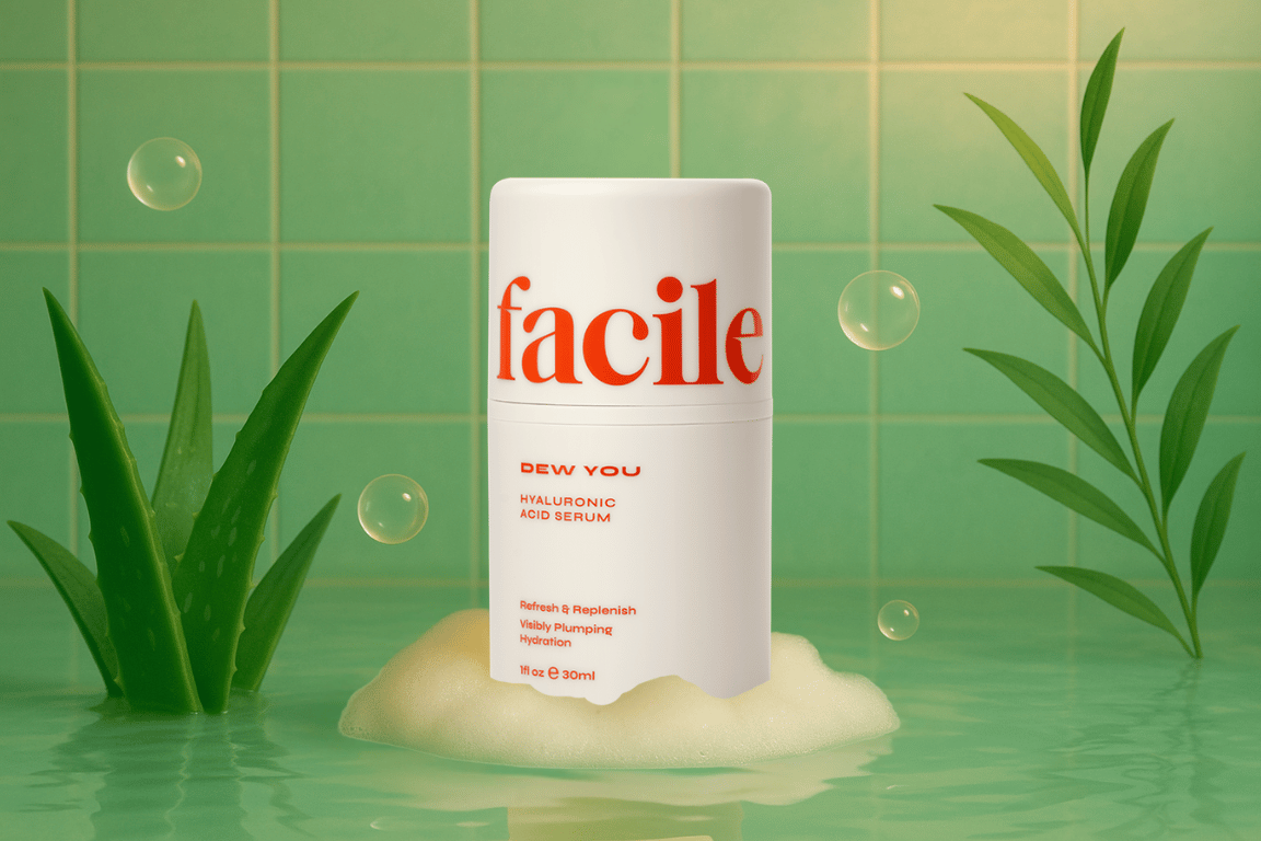 Facile Dew You hyaluronzuur serum fles op een zachte crèmekleurige basis met groene planten en waterbellen in een rustgevende badkameromgeving.