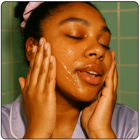 Persoon brengt Facile Skin Clear Acne Serum aan op de wang, demonstrerend hoe het product in een skincare routine gebruikt wordt.