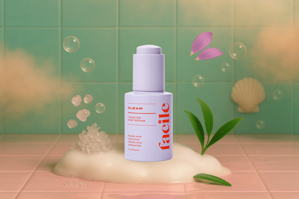 Facile Skin Clear Acne Serum fles op een zachte witte textuur met groene bladeren, waterdruppels en schelpen in een badkameromgeving.