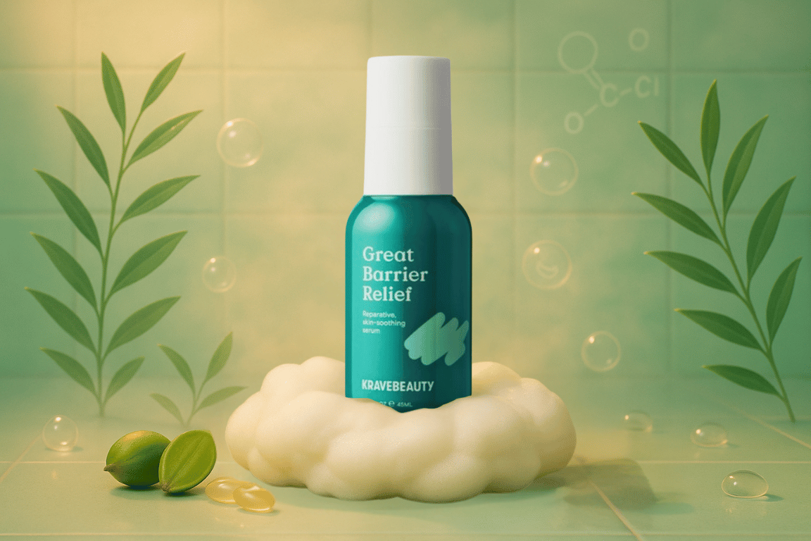 Krave Beauty Great Barrier Relief serum flesje op een zachte witte ondergrond met groene plantenelementen, ideaal voor het herstellen van de huidbarrière.