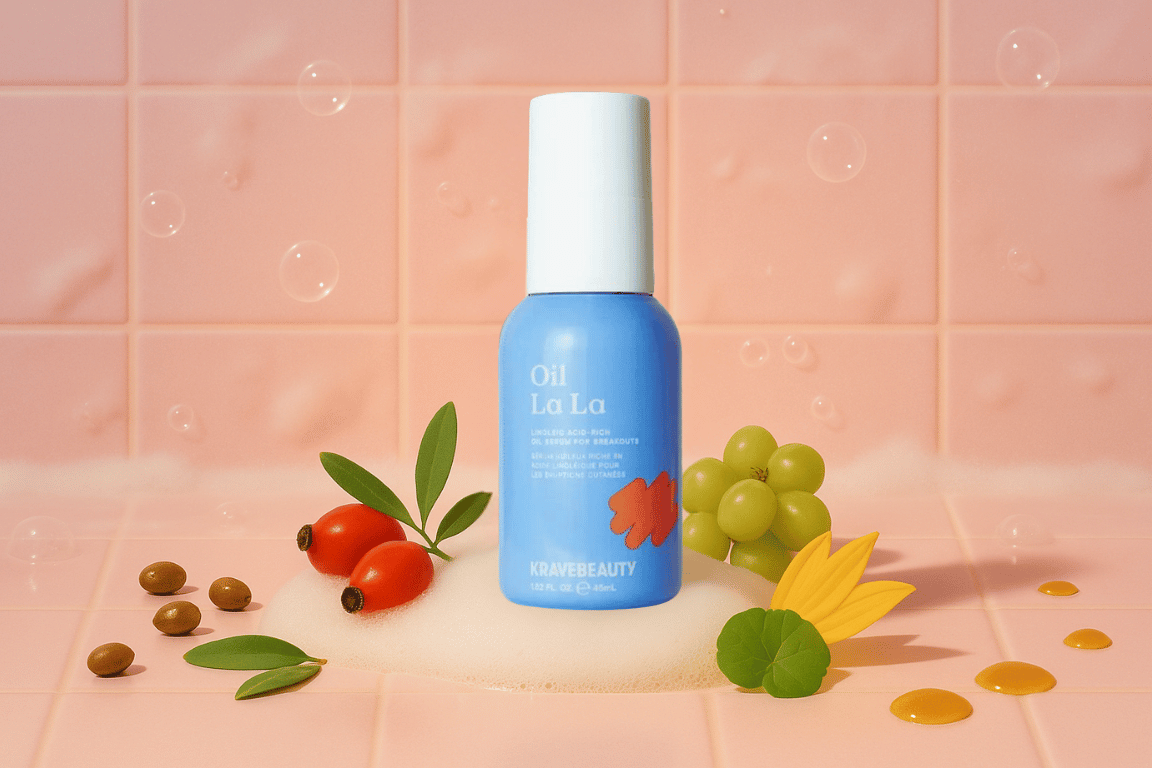 Krave Beauty Oil La La fles omringd door natuurlijke ingrediënten zoals rozenbottel, druiven en bladeren op een roze achtergrond.