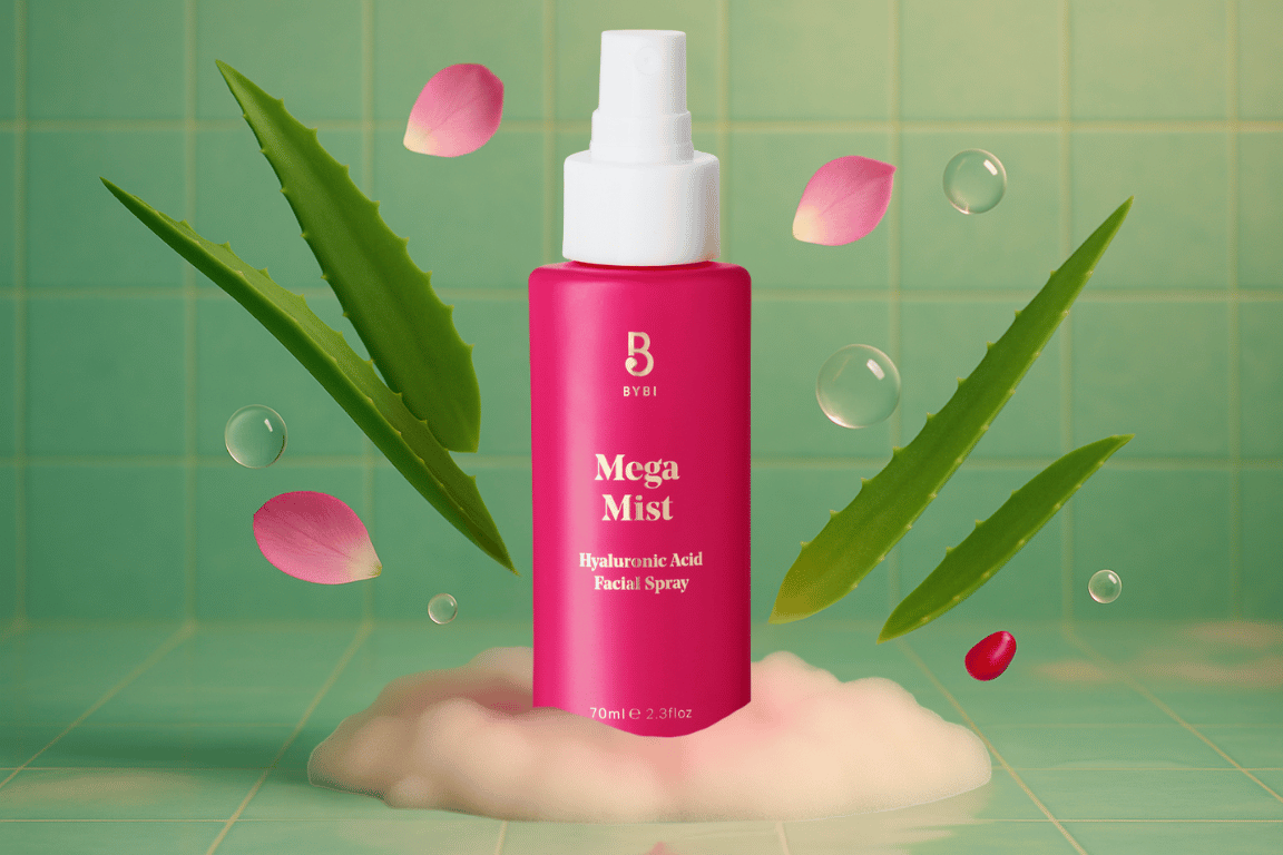 Surreal packshot: Mega Mist op schuimwolk, omringd door zwevende aloëbladen, rozenblaadjes en waterdruppels.