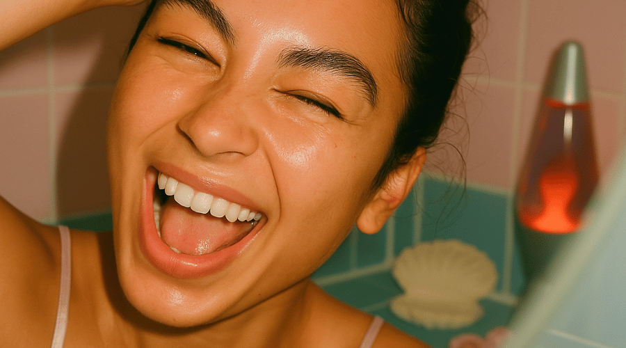 Banner met lachende vrouw met egale, normale huid naast tekstvak “Wat heeft een normale huid nodig?” met tips voor milde cleanser, hydraterend serum en SPF.