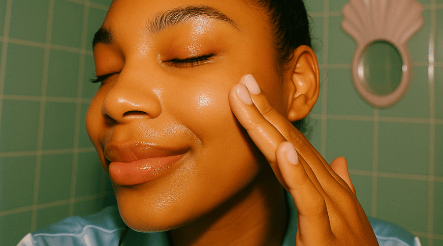 Vrouw masseert een schuimende gel‑cleanser in op glanzende T‑zone – beeld bij “Wat heeft een vette huid nodig?” met tips voor talgregulatie en milde reiniging.