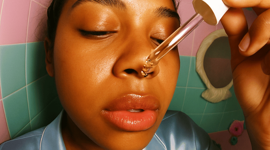 Vrouw druppelt face serum met pipet op haar huid – voorbeeld van serum aanbrengen in skincare‑routine.