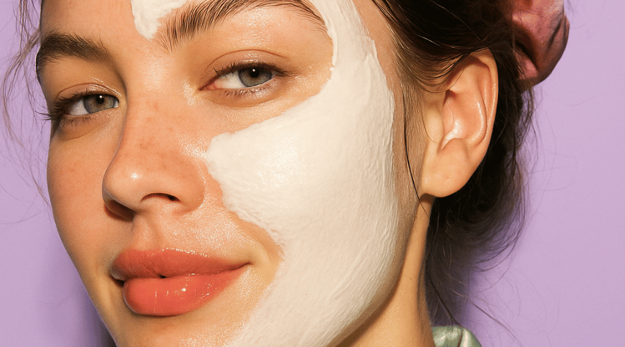 Close‑up van een jonge vrouw met een romig wit kleimasker op haar gezicht; toont stap ‘masker’ in de skincare‑routine voor detox & glow – Daily Beauty