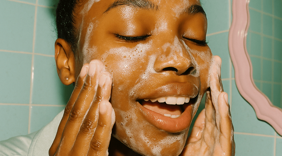 Lachende vrouw met schuimende cleanser links, rechts tekstblok “Waarom Krave Beauty?” met voordelen: barrier‑first formules, Press Reset‑mentaliteit en 100 % vegan & cruelty‑free.
