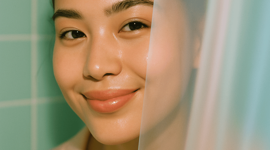 Close‑up van vrouw met gecombineerde huid naast tips: gelcleanser zonder sulfaten, niacinamide‑serum, hyaluronserum, water‑gel moisturizer en matte SPF 30+.